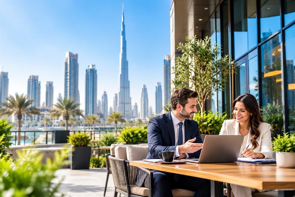 A consultant and a client reviewing a project on a laptop at an outdoor Dubai workspace with the Burj Khalifa behind them