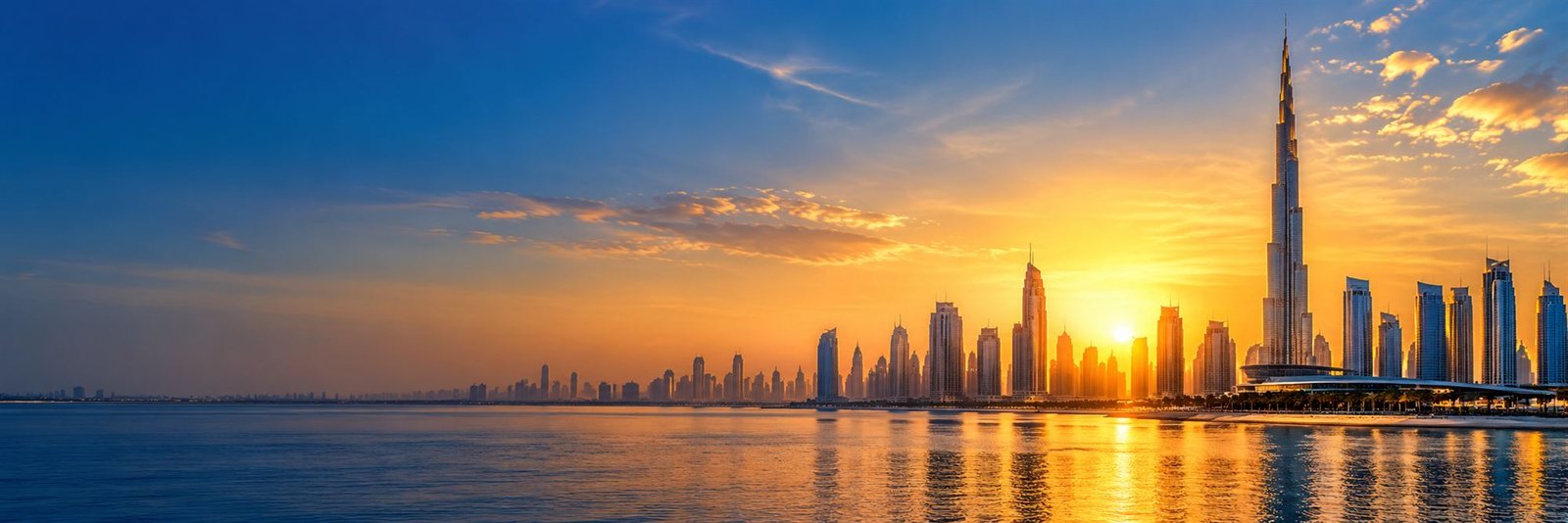 The Dubai skyline and the Burj Khalifa at sunset across calm water