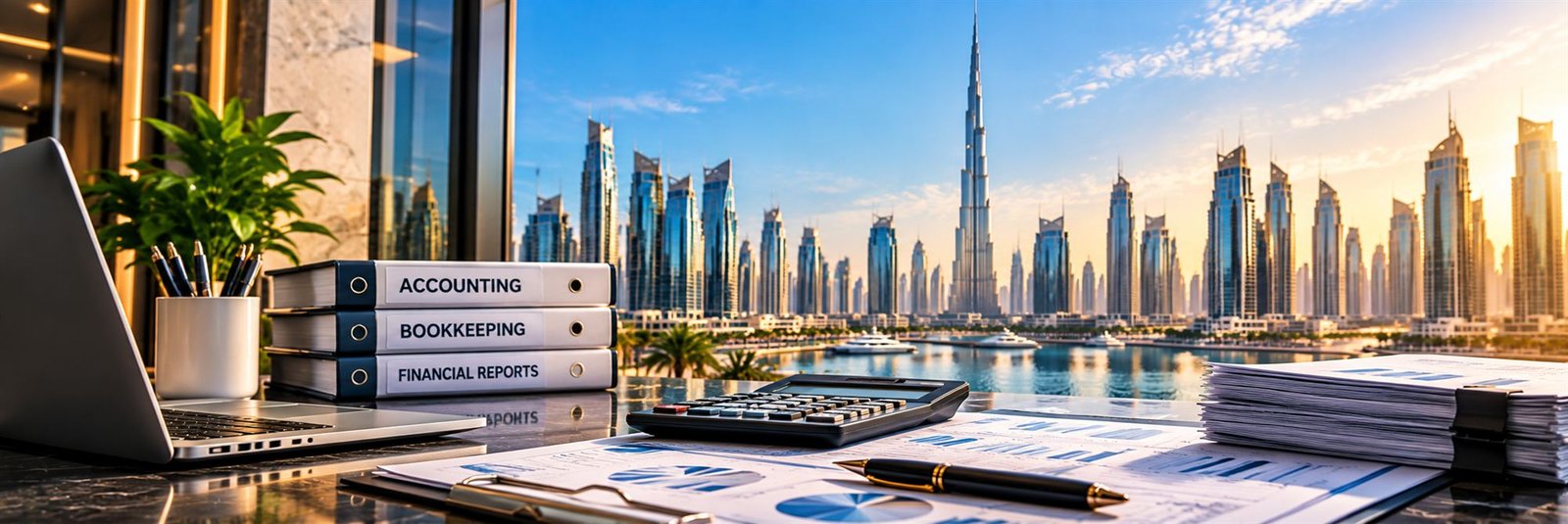 A finance workspace with bookkeeping binders, a calculator and reports overlooking the Dubai skyline at golden hour