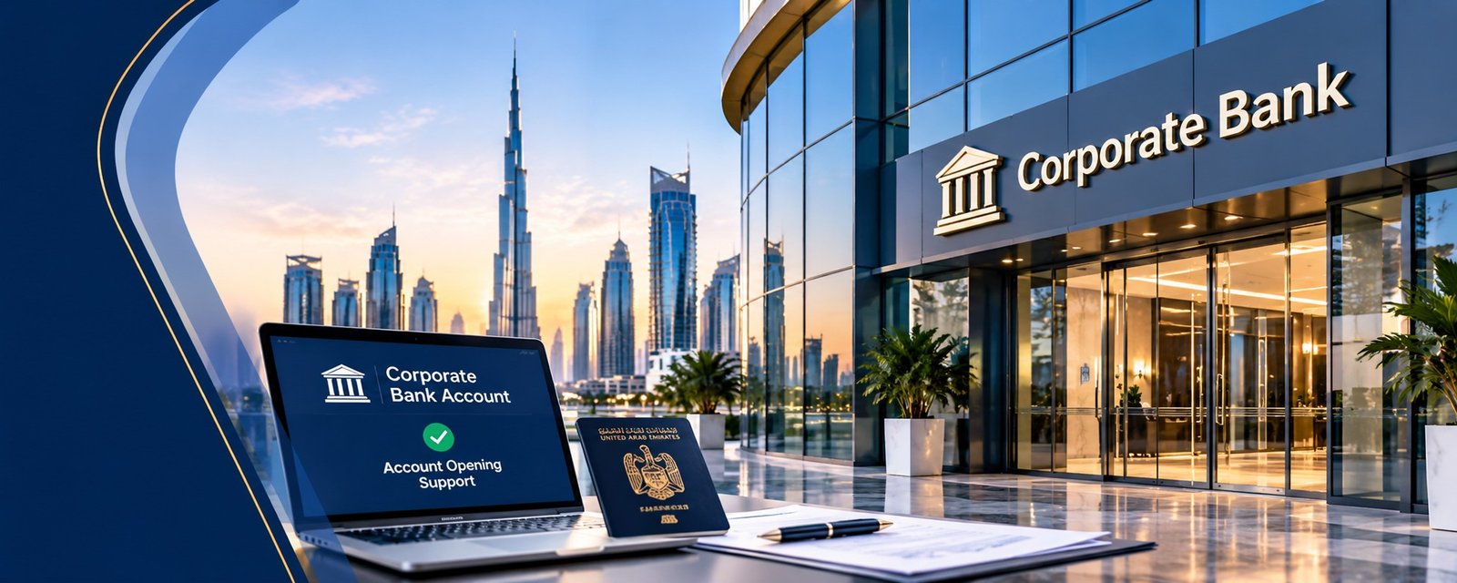 A laptop showing corporate bank account opening support, with a passport and documents on a desk in front of a corporate bank building and the Dubai skyline