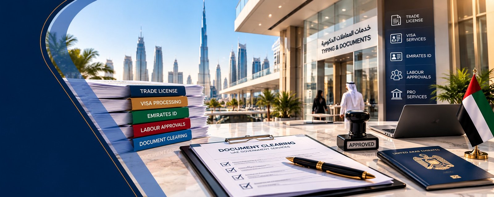 A desk with stacked trade licence, visa, Emirates ID and labour approval files, a document clearing checklist, an approved stamp and a passport, with the Dubai skyline and a government services office behind