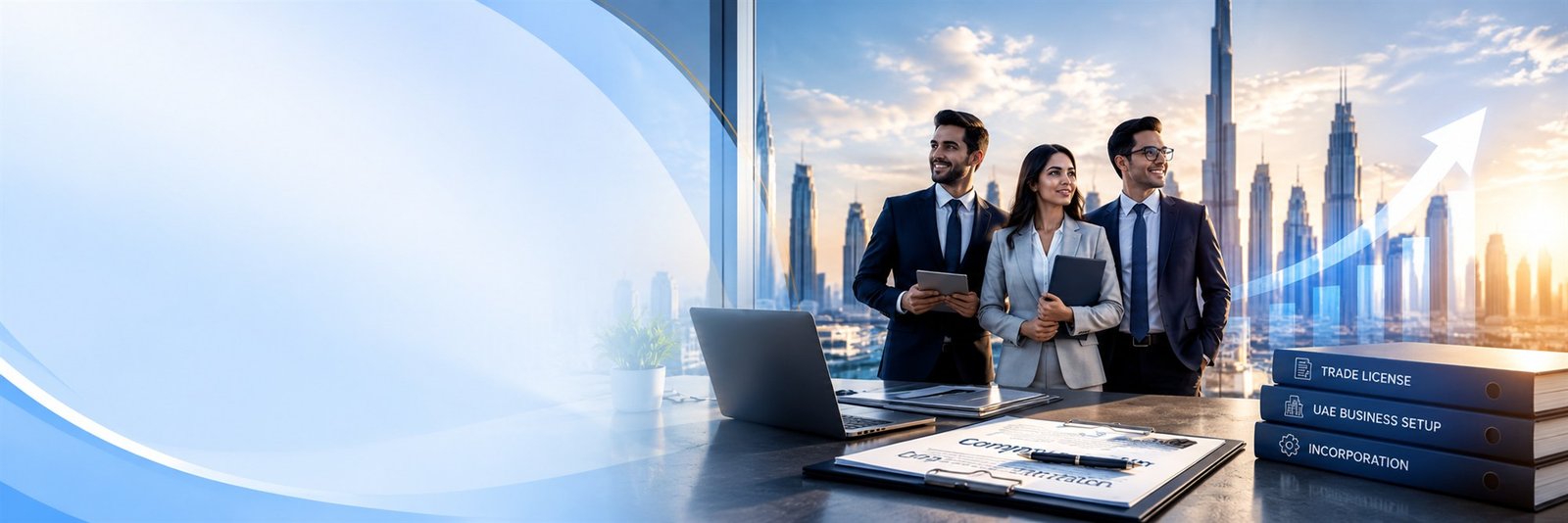Three business professionals looking over the Dubai skyline beside a desk with a laptop, a company formation form and trade licence files