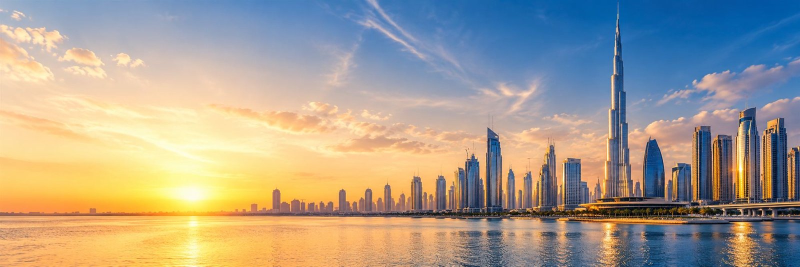 Golden sunset over the Dubai skyline and the Burj Khalifa across the water