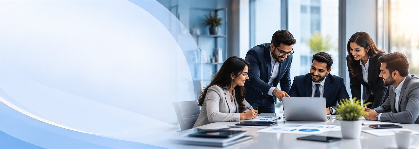 A team of business professionals gathered around a laptop and planning documents in a bright modern office