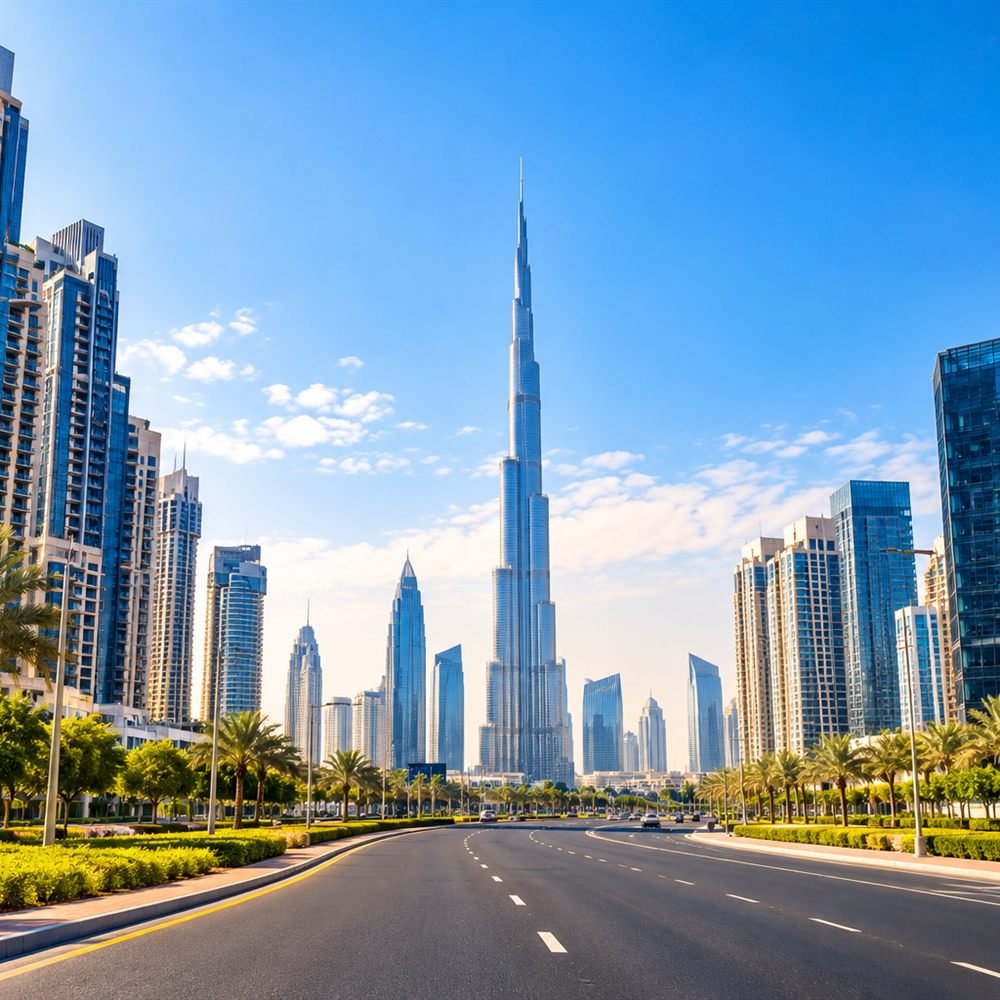 A palm-lined road leading toward the Burj Khalifa and the towers of downtown Dubai under a blue sky