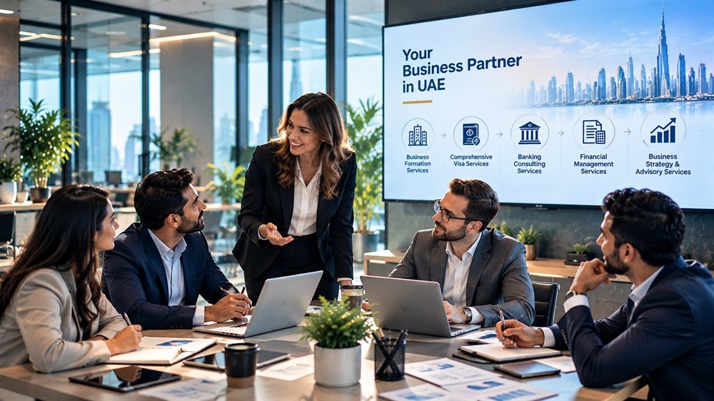 A SkyBiz team meeting around a table, with a presentation of business services on the screen and the Dubai skyline behind